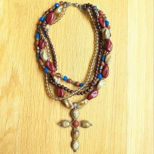 Layered Beaded Necklace with Cross Pendant.
